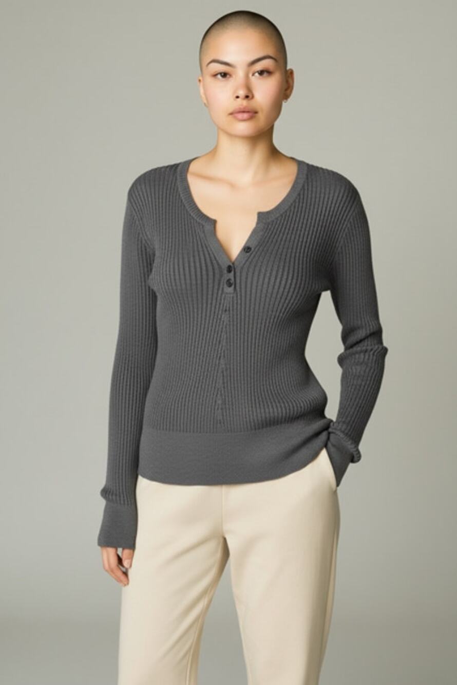 VENUS Women's L Gray Ribbed Deep V-Neck Long Sleeve Knit Top